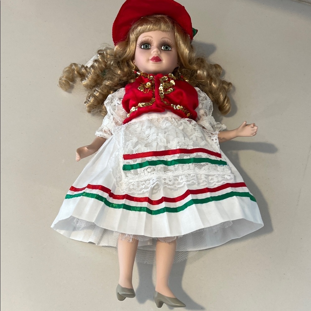 Angelina Red and White Porcelain  Doll with Golden Curls Hungarian Dress